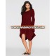 Casual long sleeve round neck with pocket solid color  irregular  hem midi women dresses 3504