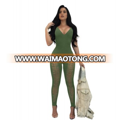 2018  Women Deep V Neck Broken Holes Sexy Bodycon Long Jumpsuit Romper Clubwear